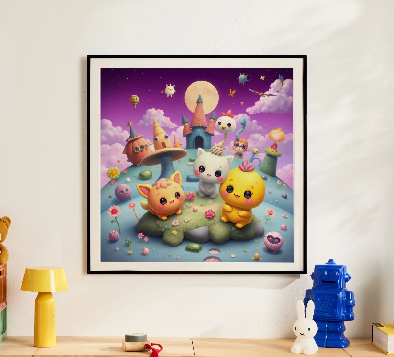 Cute animated creatures gather in a whimsical landscape poster by DesignDoodle