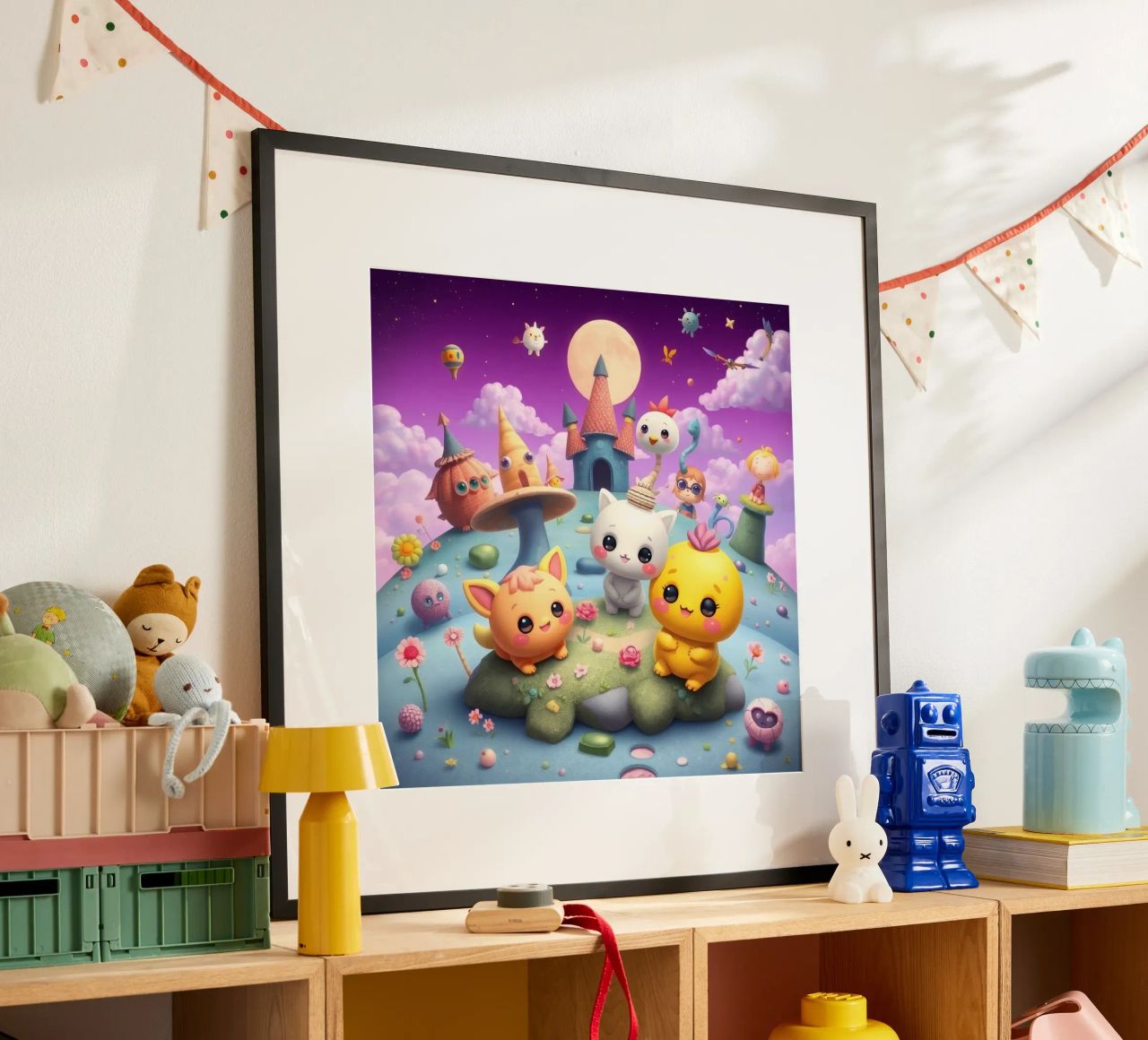 Cute animated creatures gather in a whimsical landscape poster by DesignDoodle