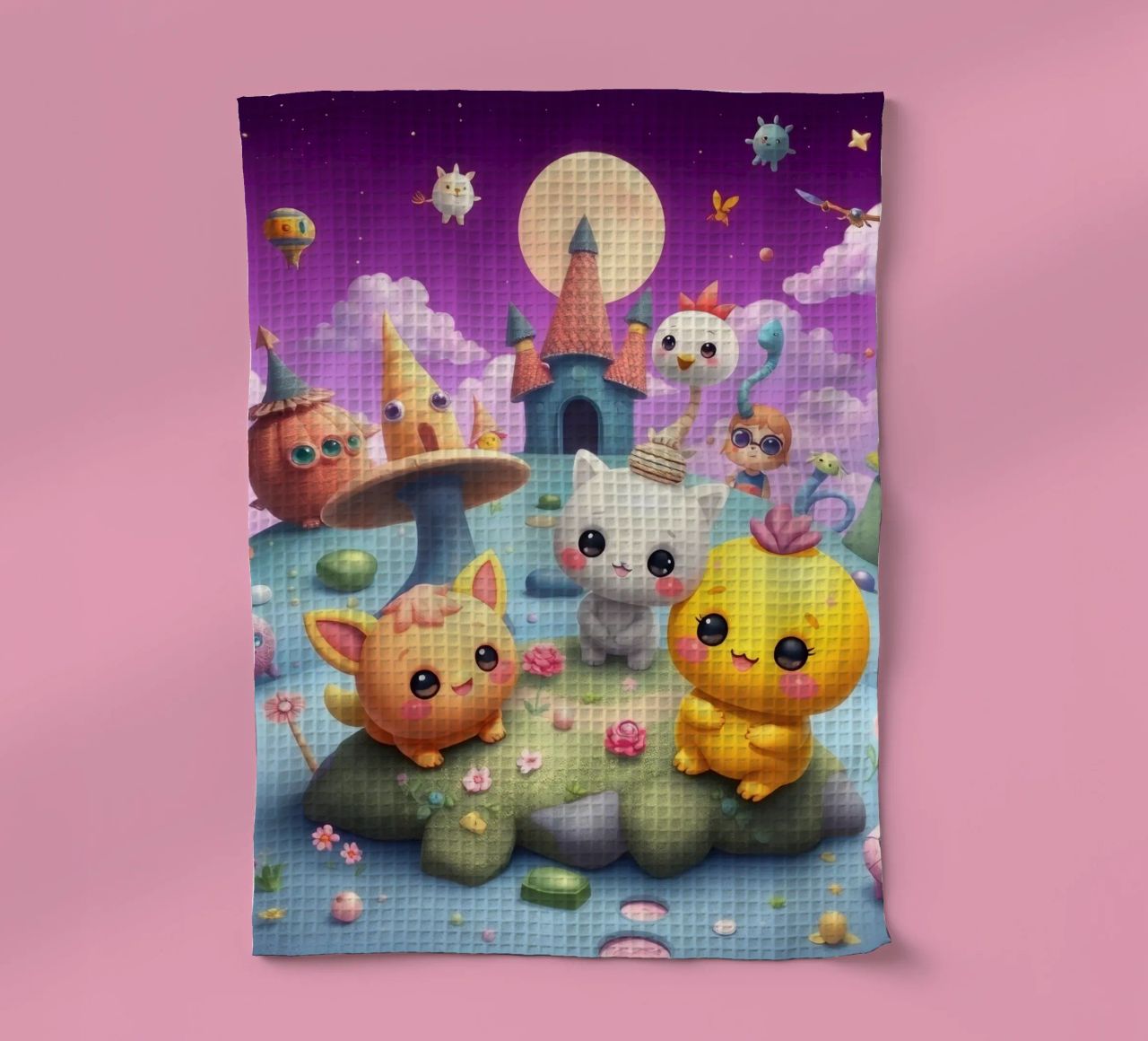 Cute animated creatures gather in a whimsical landscape tea towel by DesignDoodle