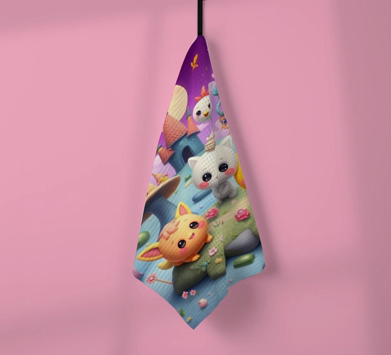 Cute animated creatures gather in a whimsical landscape tea towel by DesignDoodle