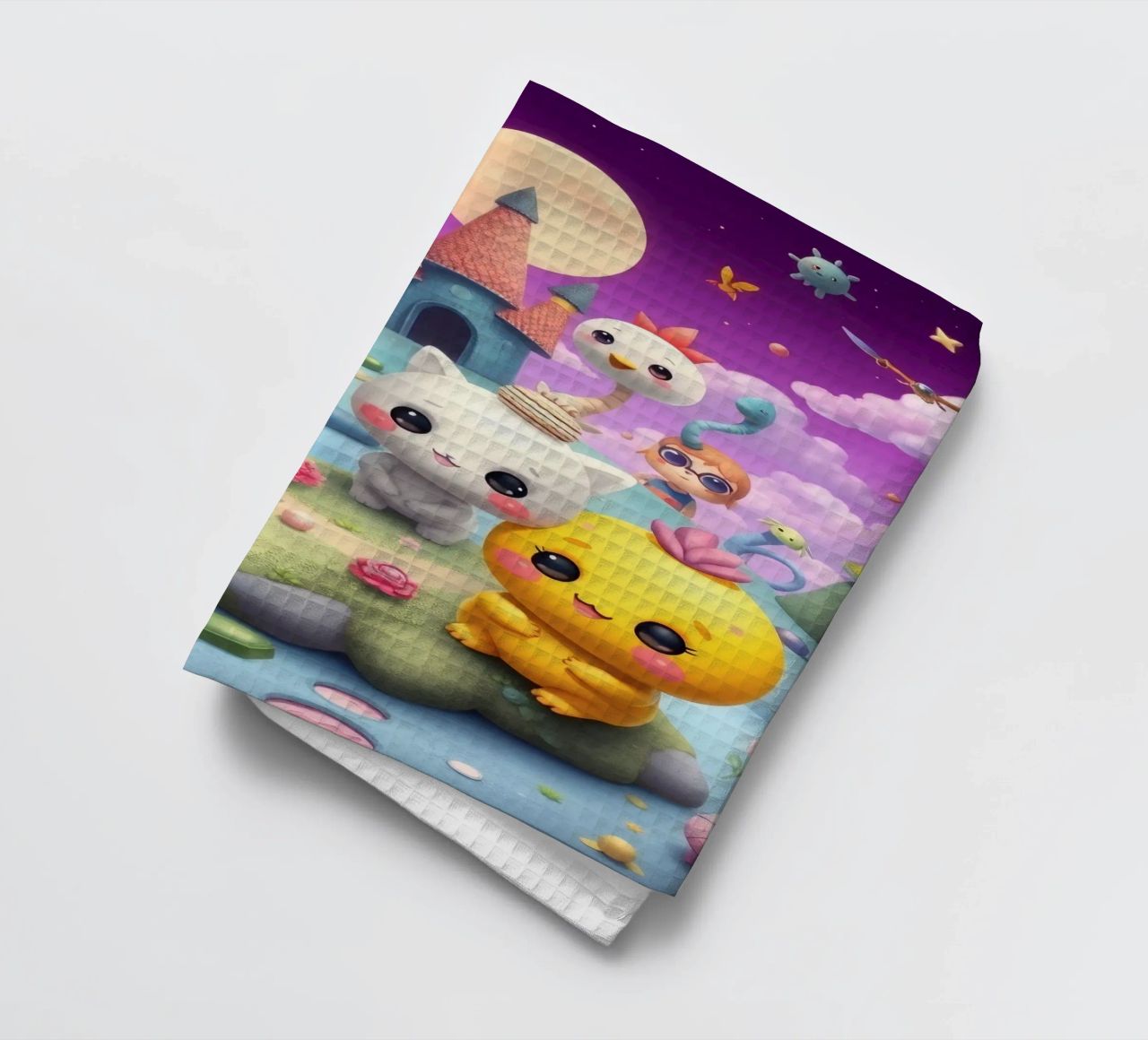 Cute animated creatures gather in a whimsical landscape tea towel by DesignDoodle