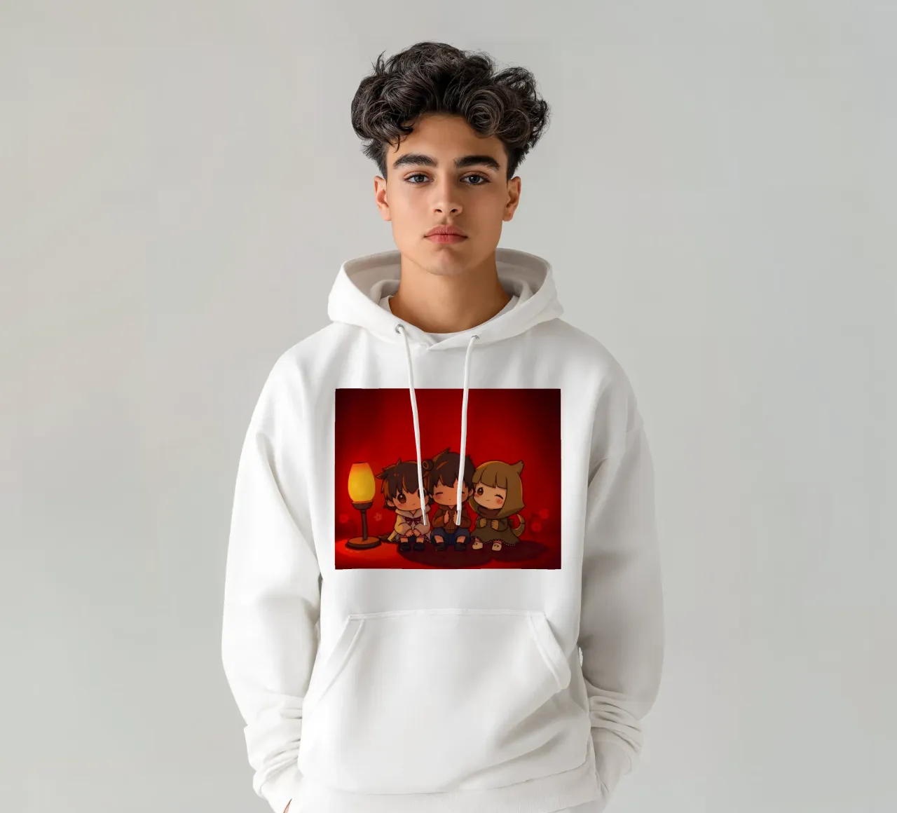 Affascinante trio animato che si gode un momento di intimità accanto a un caldo fuoco felpa con cappuccio da DesignDoodle