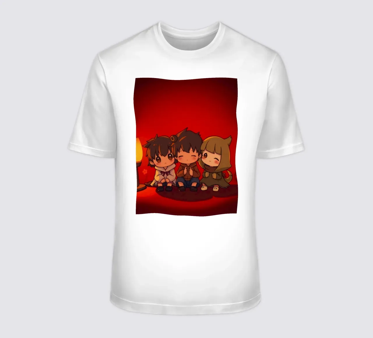 Encantador trío animado disfrutando de un momento acogedor junto a un cálido fuego camiseta de DesignDoodle
