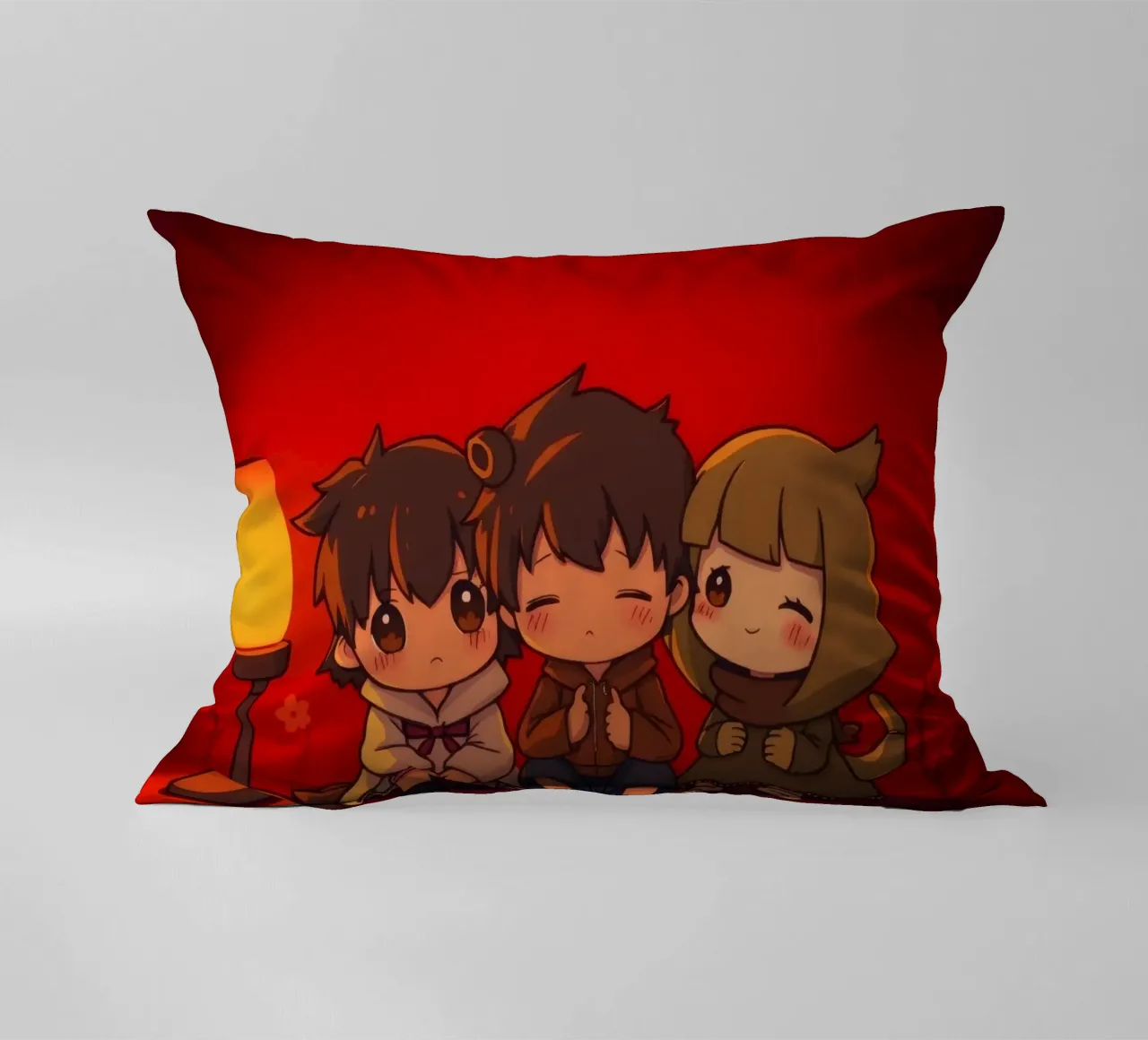 Affascinante trio animato che si gode un momento di intimità accanto a un caldo fuoco cuscino da DesignDoodle