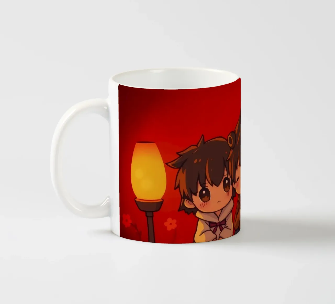 Encantador trío animado disfrutando de un momento acogedor junto a un cálido fuego taza de cerámica de DesignDoodle