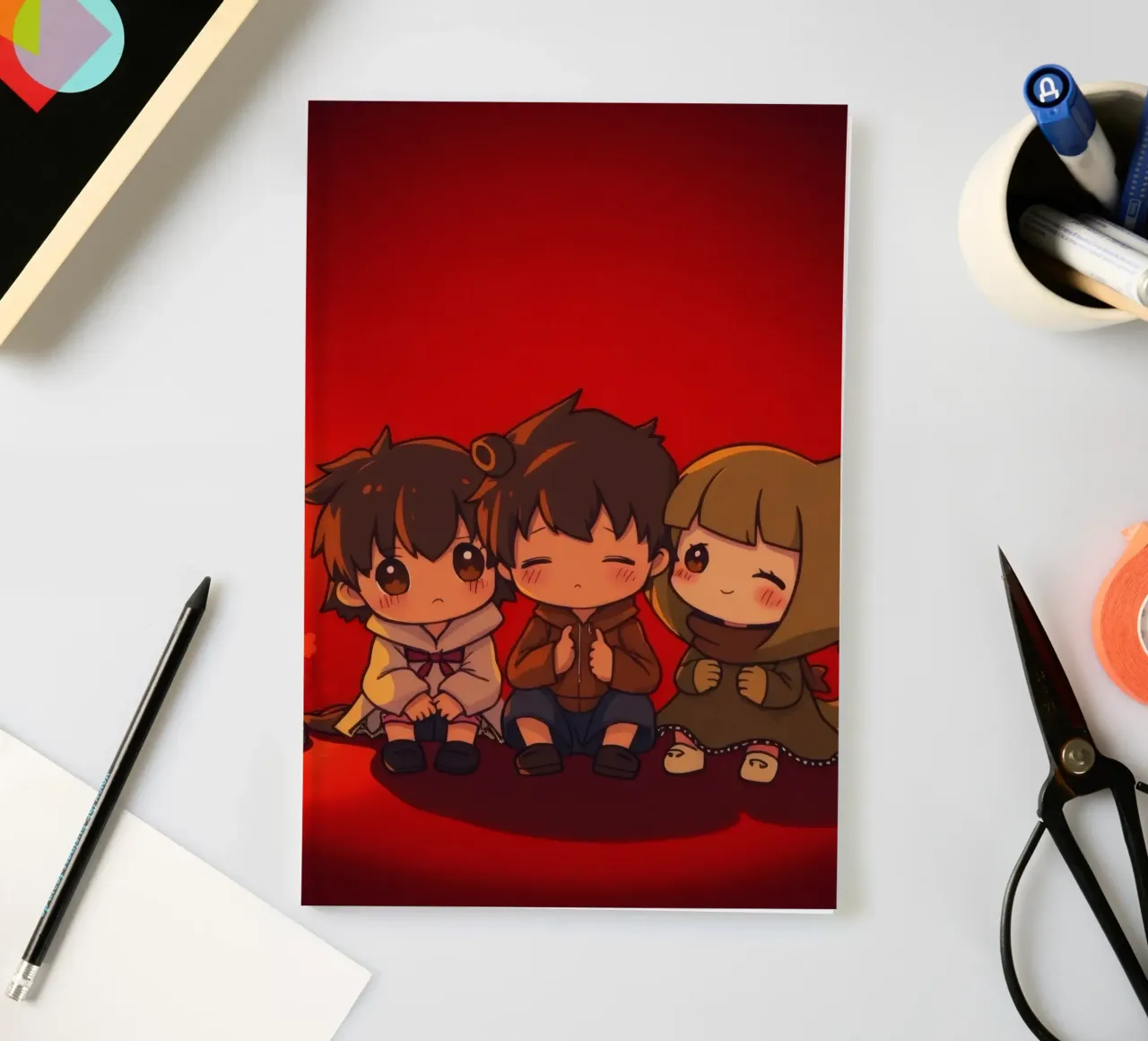 Charming animated trio enjoying a cozy moment by a warm fire notebook by DesignDoodle
