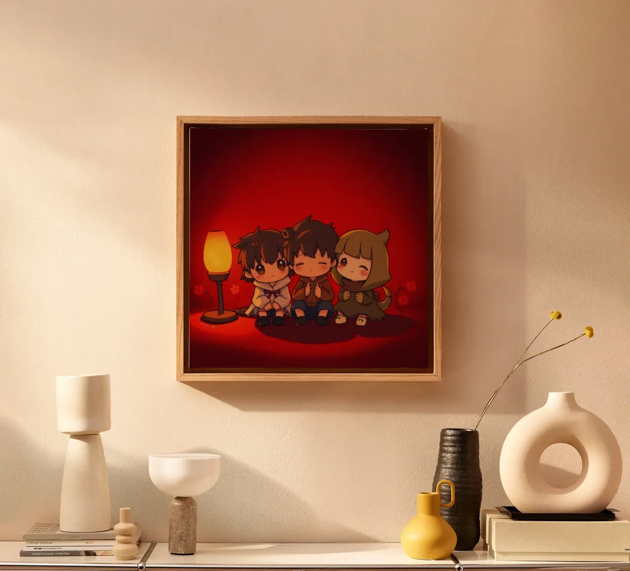 Charming animated trio enjoying a cozy moment by a warm fire canvas with Floater frame by DesignDoodle