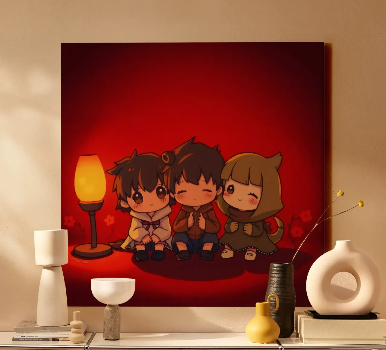 Charming animated trio enjoying a cozy moment by a warm fire canvas with Floater frame by DesignDoodle