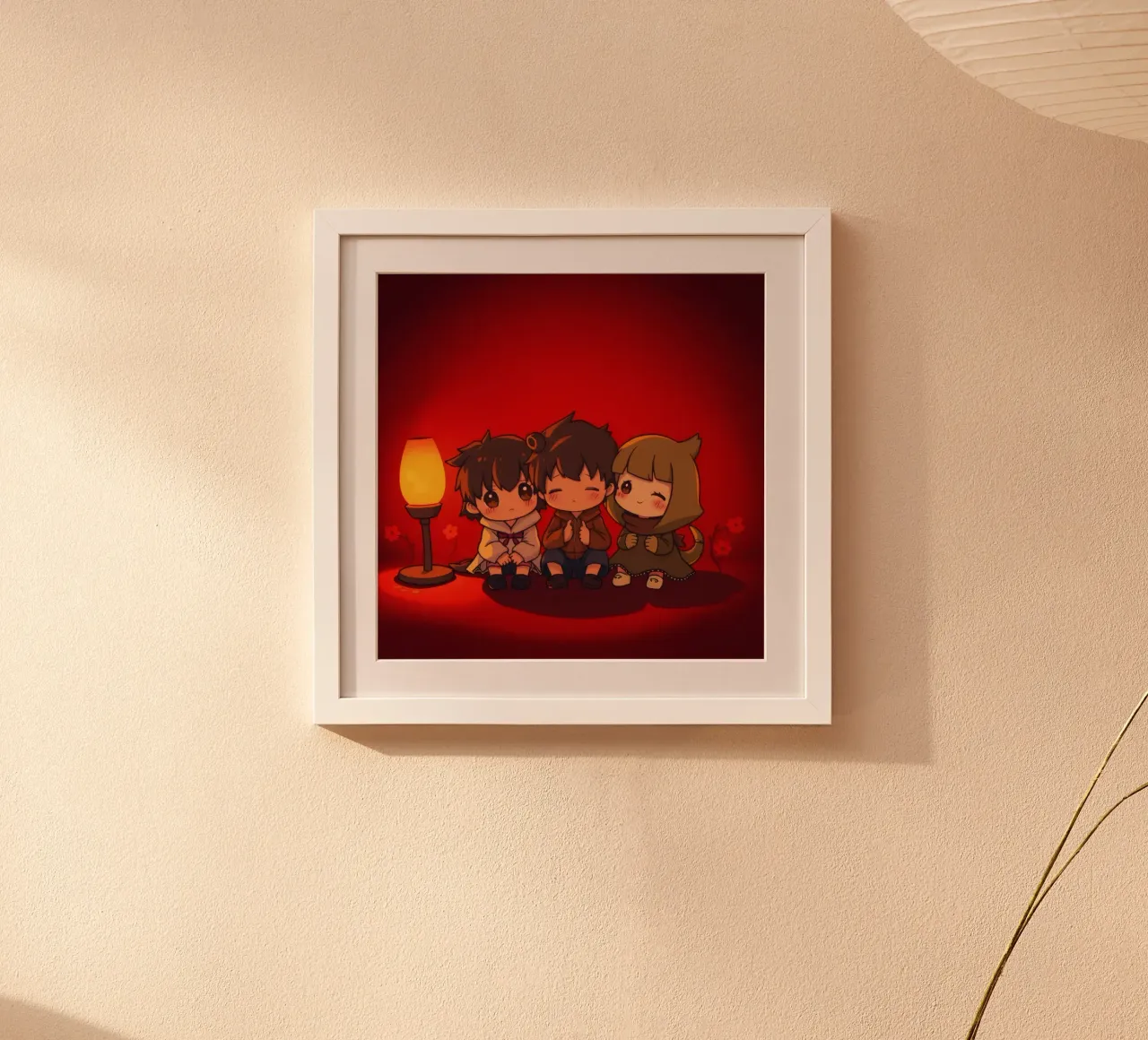 Encantador trío animado disfrutando de un momento acogedor junto a un cálido fuego hahnemühle de DesignDoodle