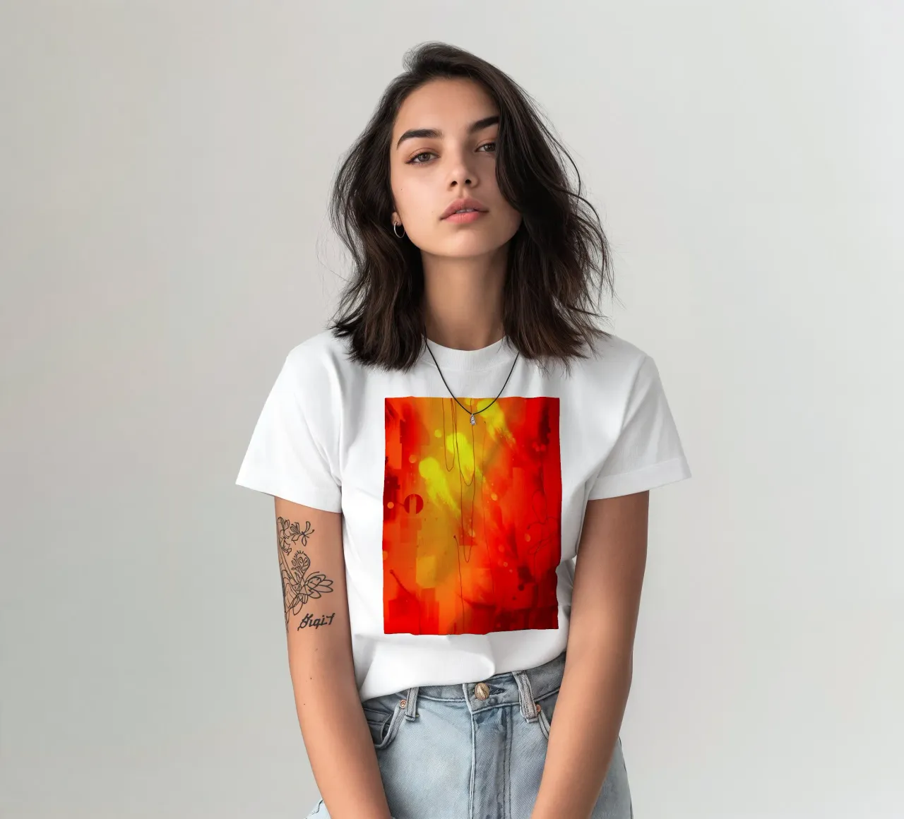 Bold abstract composition with vibrant red hues and dynamic t-shirt by DesignDoodle