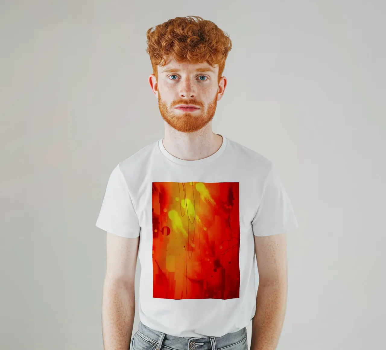Bold abstract composition with vibrant red hues and dynamic t-shirt by DesignDoodle