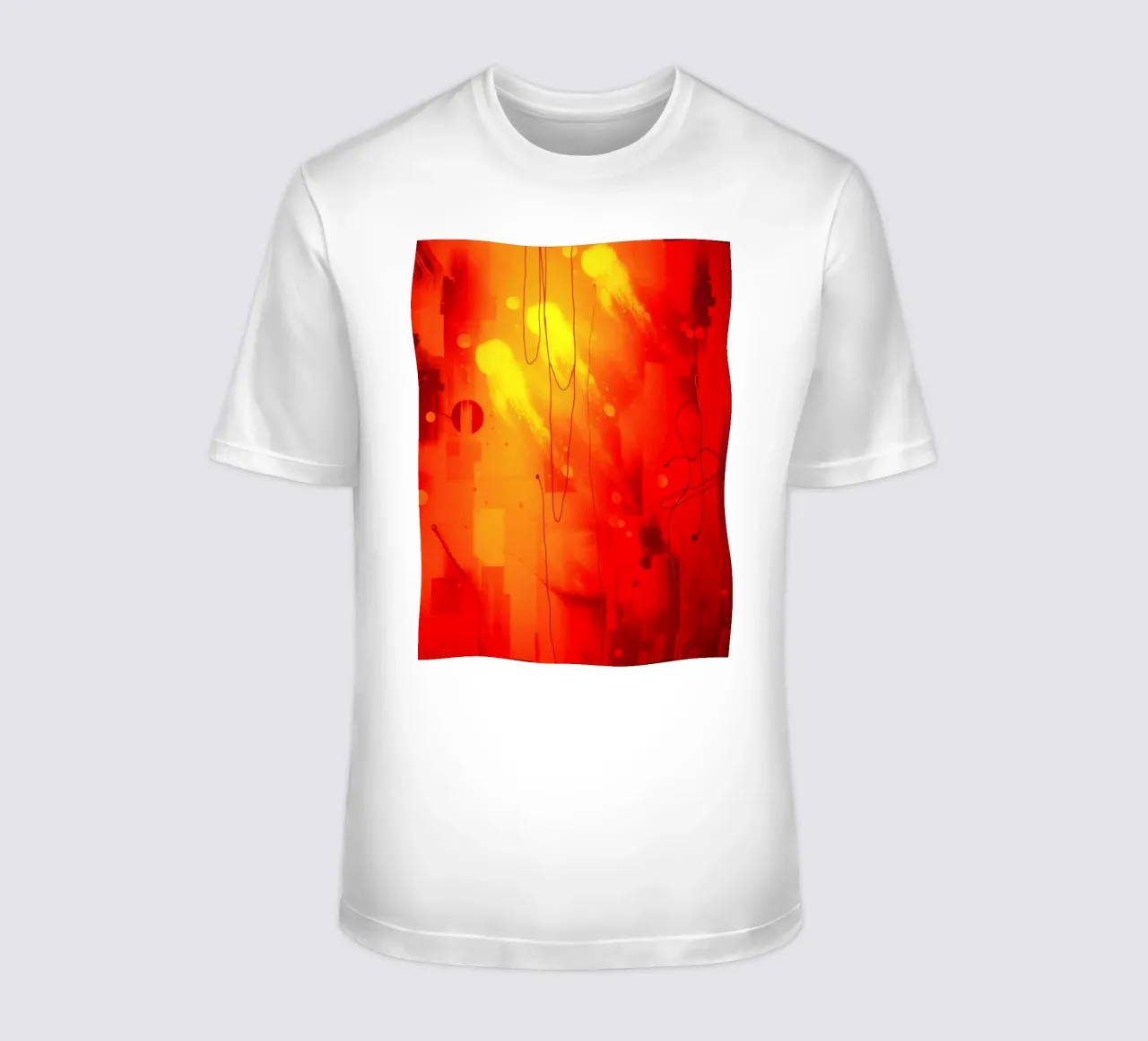 Bold abstract composition with vibrant red hues and dynamic t-shirt by DesignDoodle
