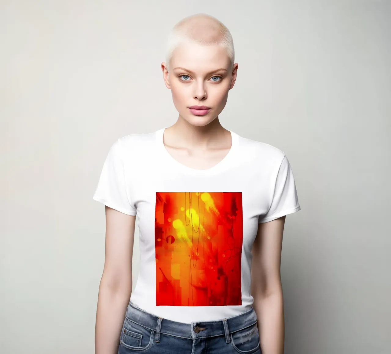 Bold abstract composition with vibrant red hues and dynamic women's fitted t-shirt by DesignDoodle