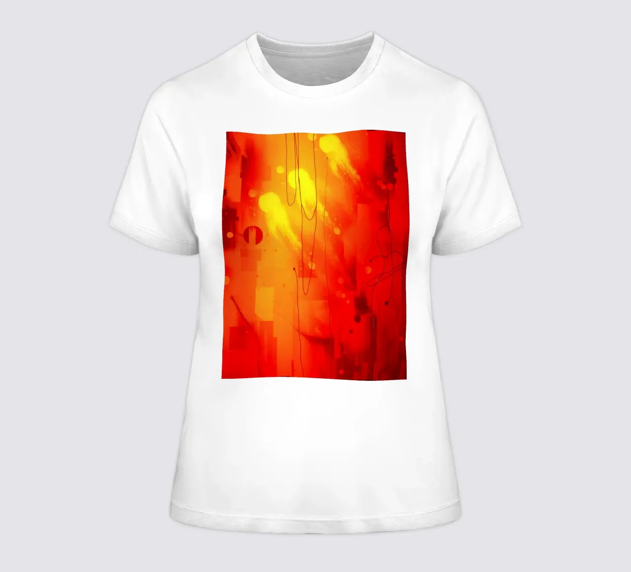 Bold abstract composition with vibrant red hues and dynamic women's fitted t-shirt by DesignDoodle