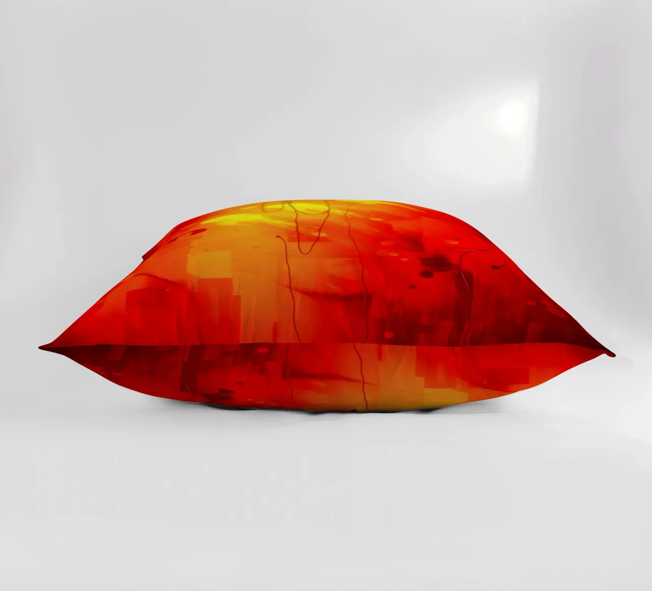 Bold abstract composition with vibrant red hues and dynamic decorative cushion by DesignDoodle