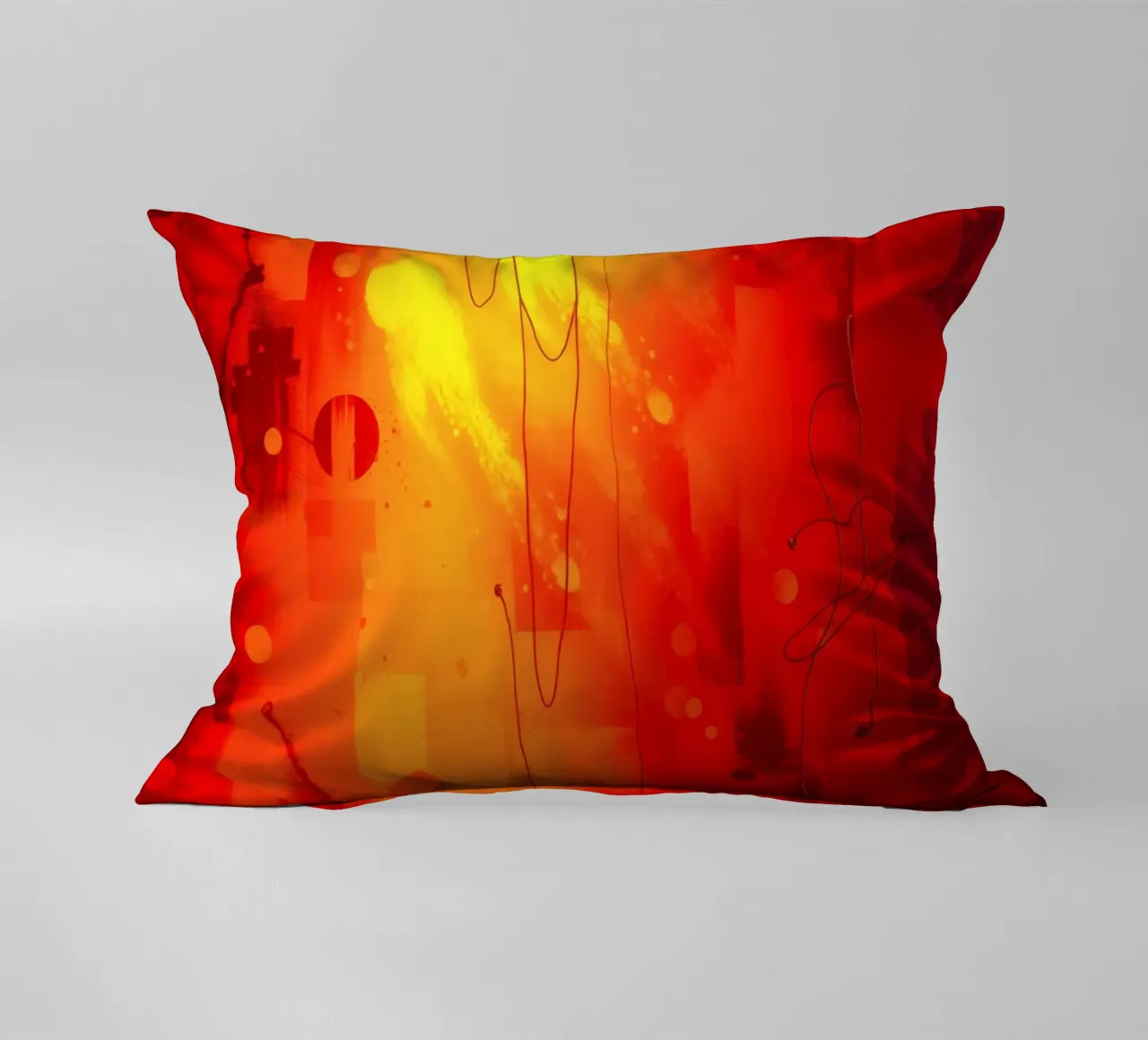 Bold abstract composition with vibrant red hues and dynamic decorative cushion by DesignDoodle