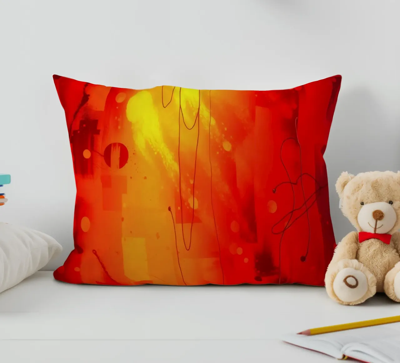 Bold abstract composition with vibrant red hues and dynamic decorative cushion by DesignDoodle