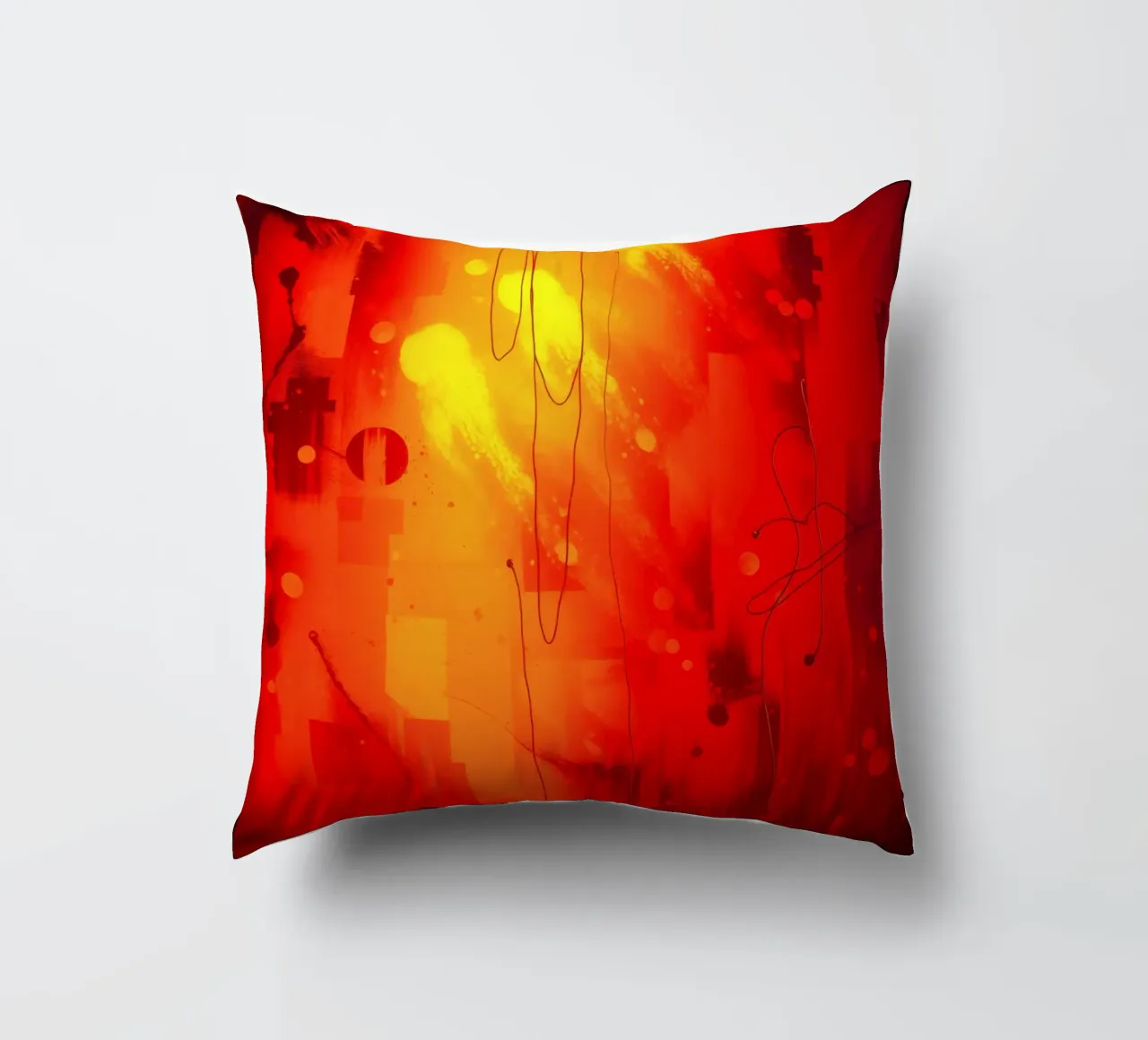 Bold abstract composition with vibrant red hues and dynamic decorative cushion by DesignDoodle
