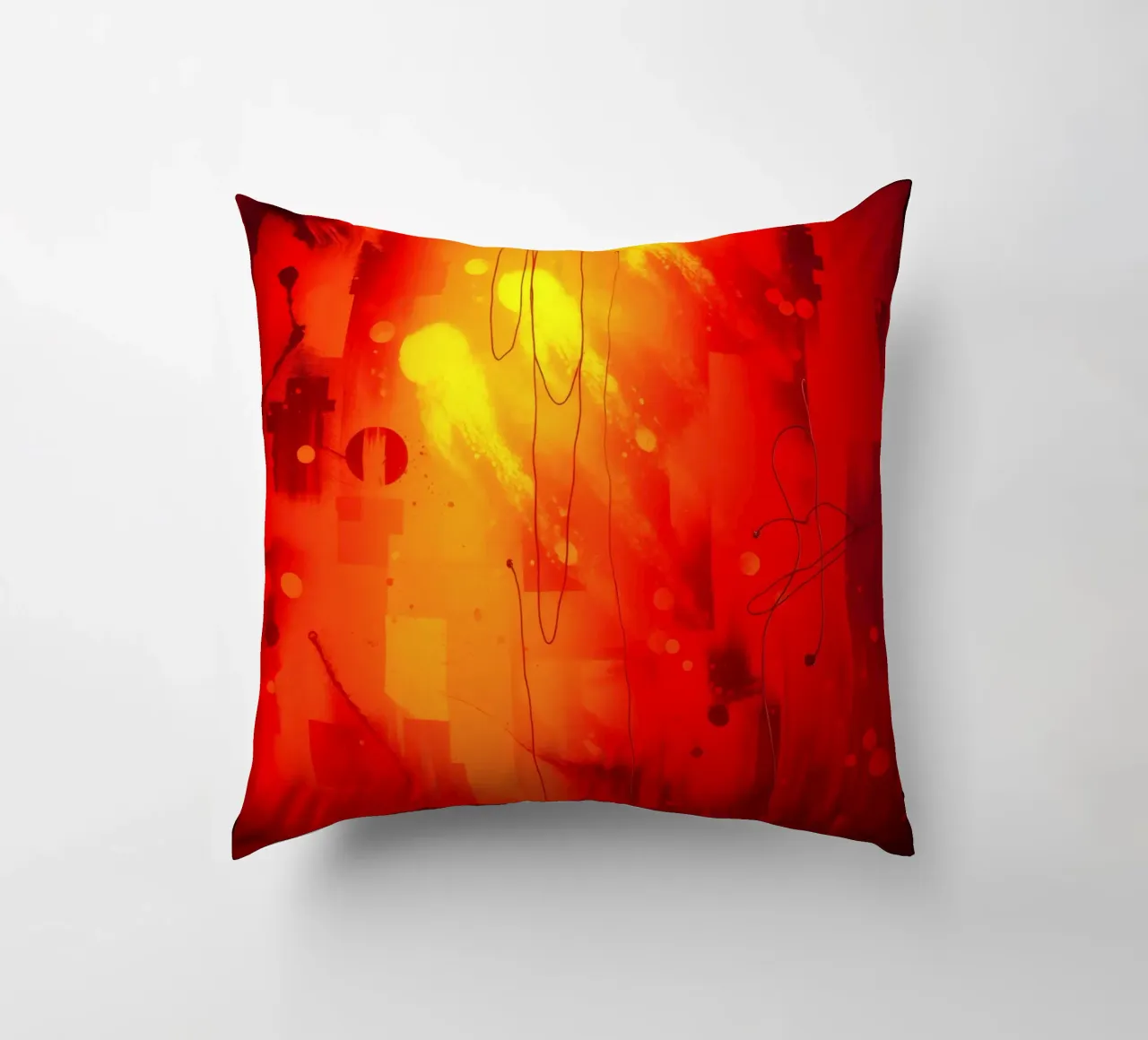 Bold abstract composition with vibrant red hues and dynamic decorative cushion by DesignDoodle