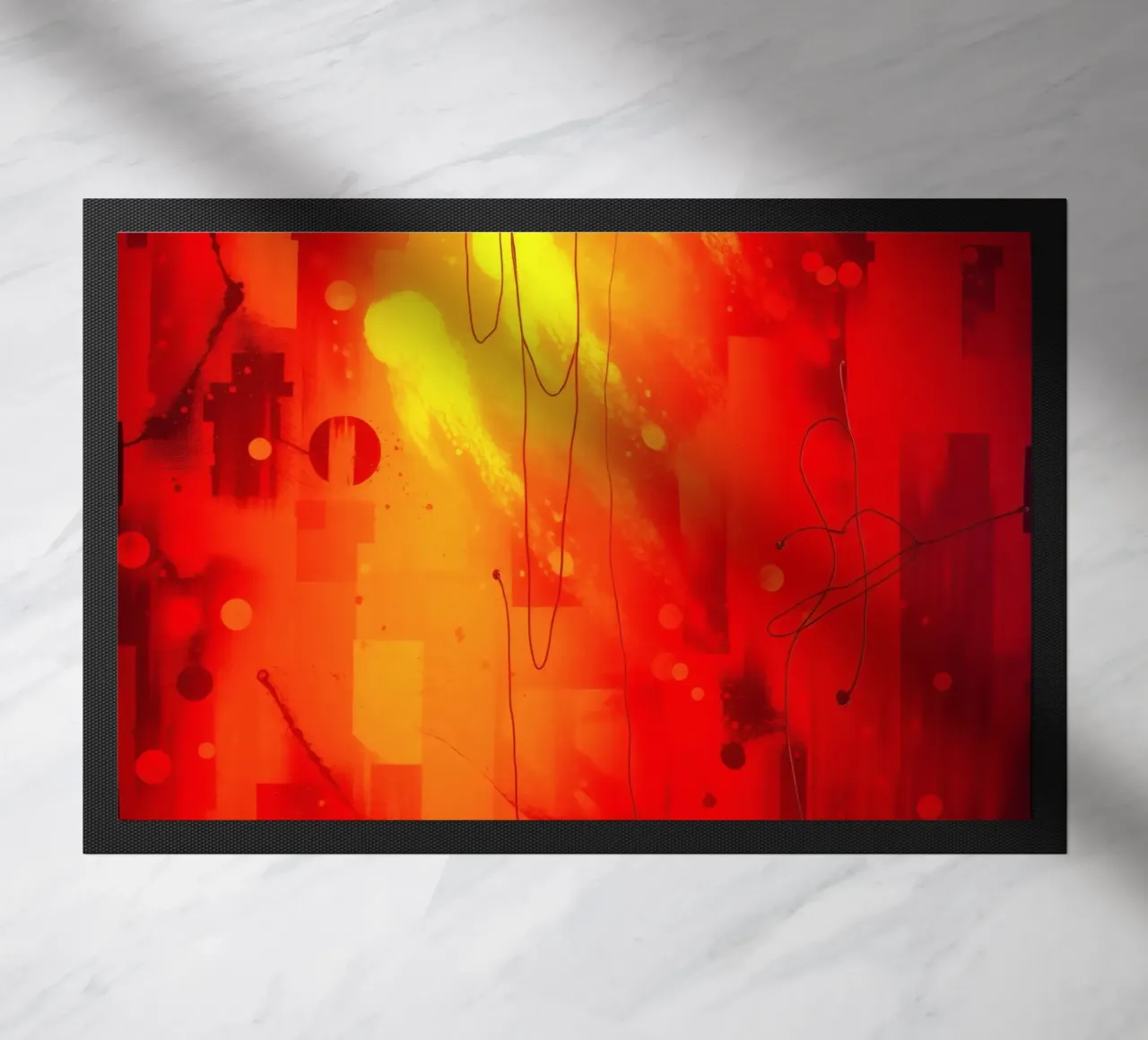 Bold abstract composition with vibrant red hues and dynamic doormat by DesignDoodle