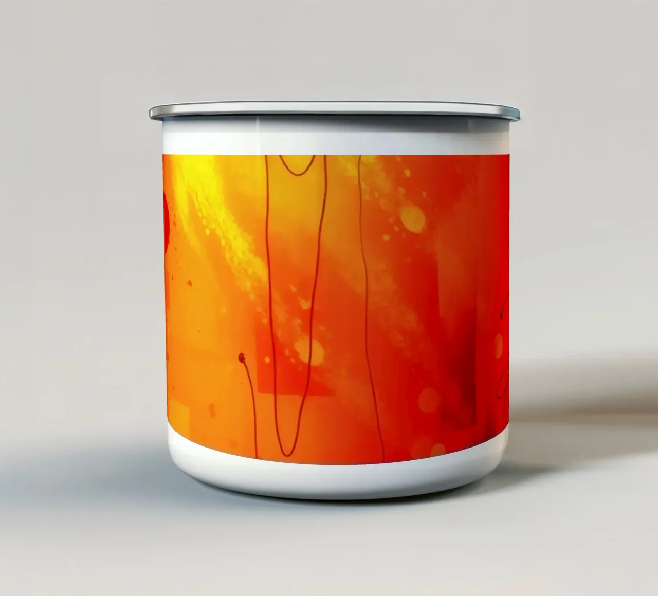Gedurfde abstracte compositie met levendige rode tinten en dynamische emaille mok van DesignDoodle