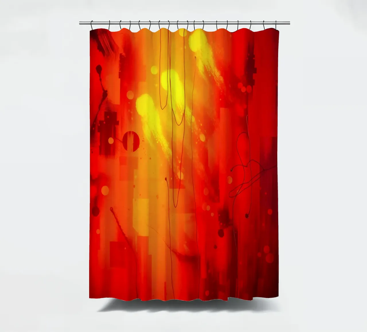 Bold abstract composition with vibrant red hues and dynamic shower curtain by DesignDoodle