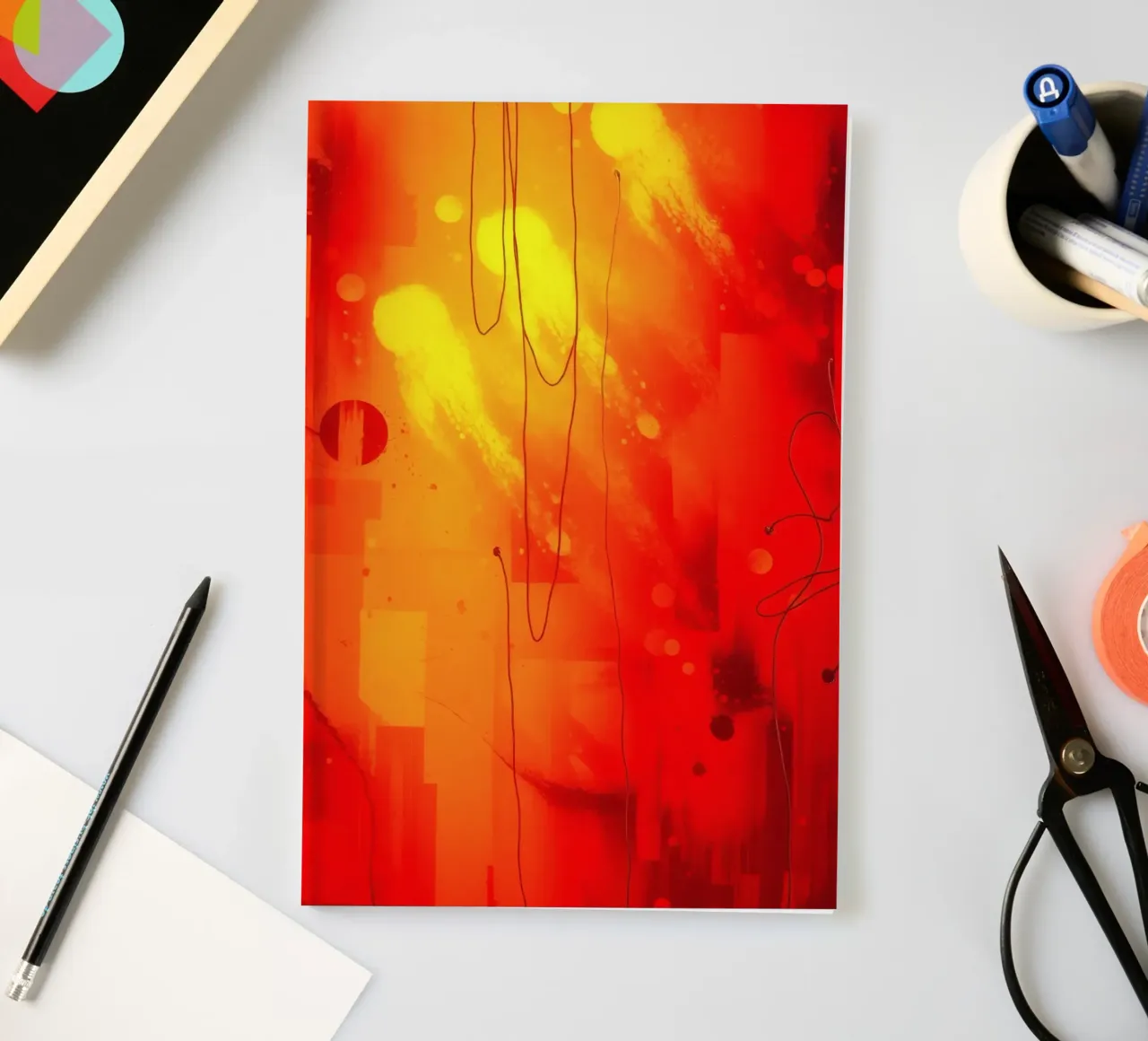 Bold abstract composition with vibrant red hues and dynamic notebook by DesignDoodle