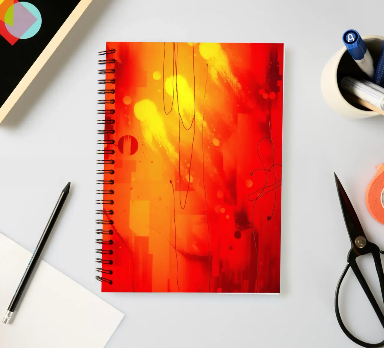 Bold abstract composition with vibrant red hues and dynamic spiral notebook by DesignDoodle