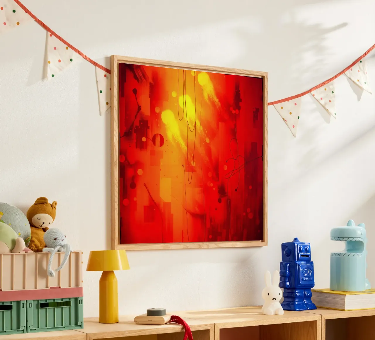 Bold abstract composition with vibrant red hues and dynamic acrylic glass by DesignDoodle