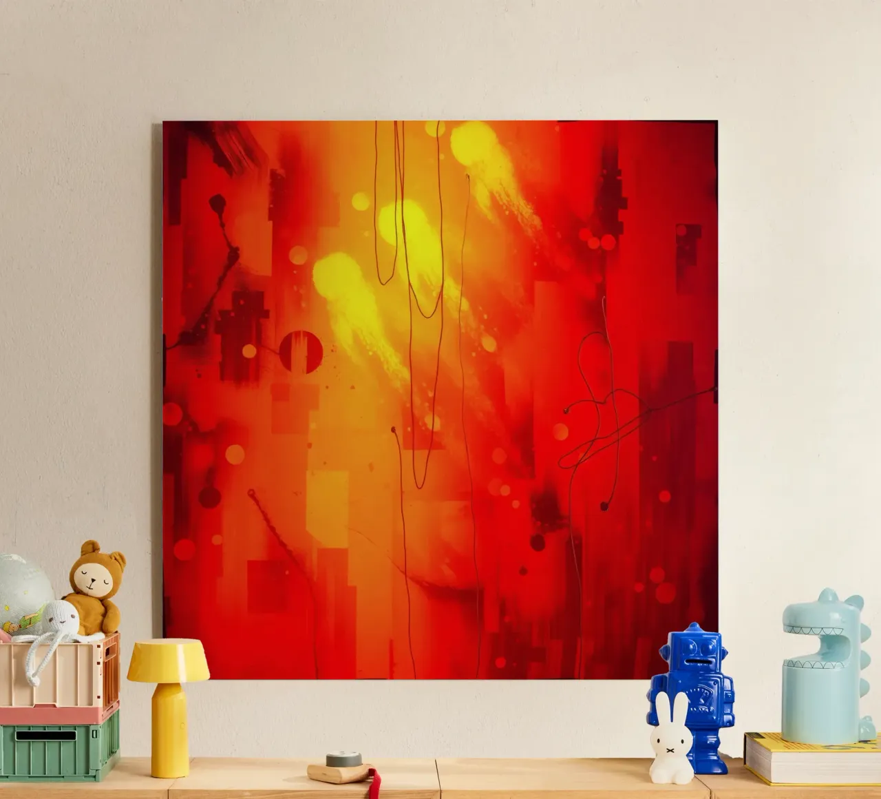Bold abstract composition with vibrant red hues and dynamic acrylic glass by DesignDoodle