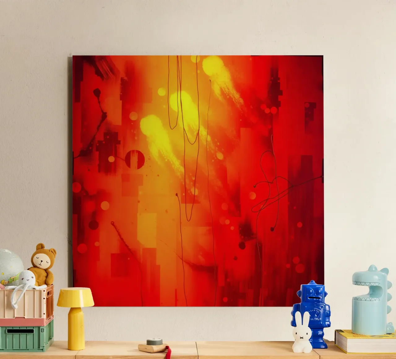 Bold abstract composition with vibrant red hues and dynamic alu-dibond by DesignDoodle