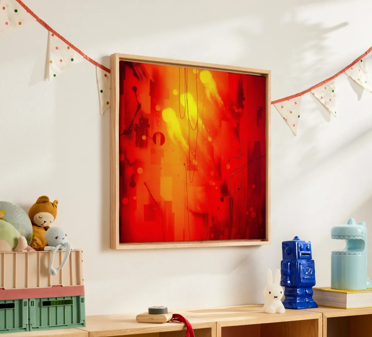 Bold abstract composition with vibrant red hues and dynamic canvas by DesignDoodle