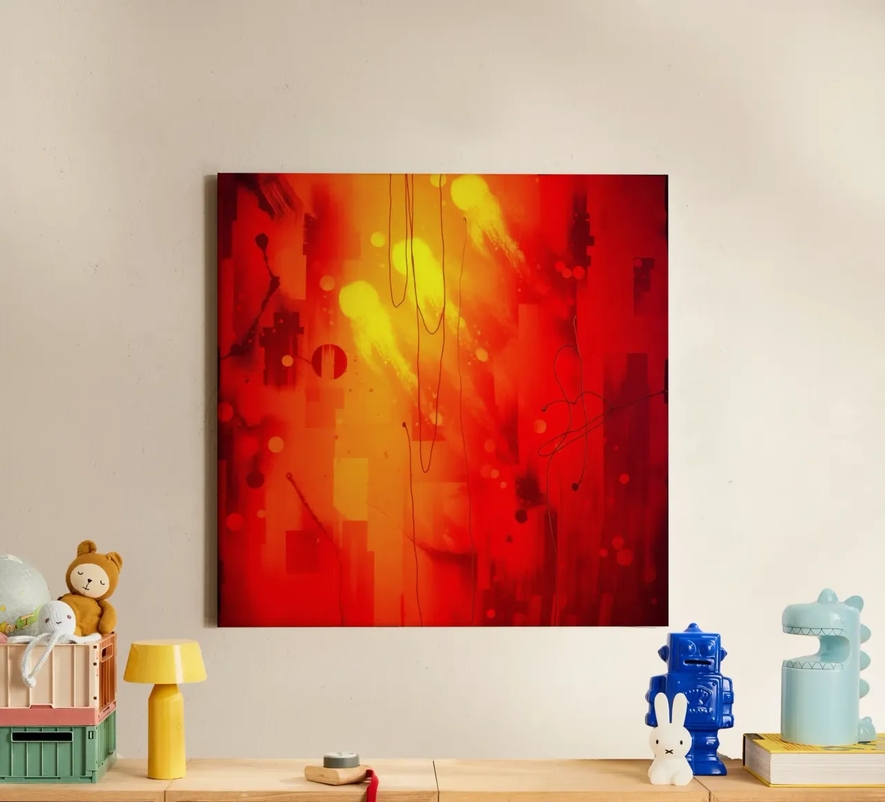 Bold abstract composition with vibrant red hues and dynamic canvas by DesignDoodle