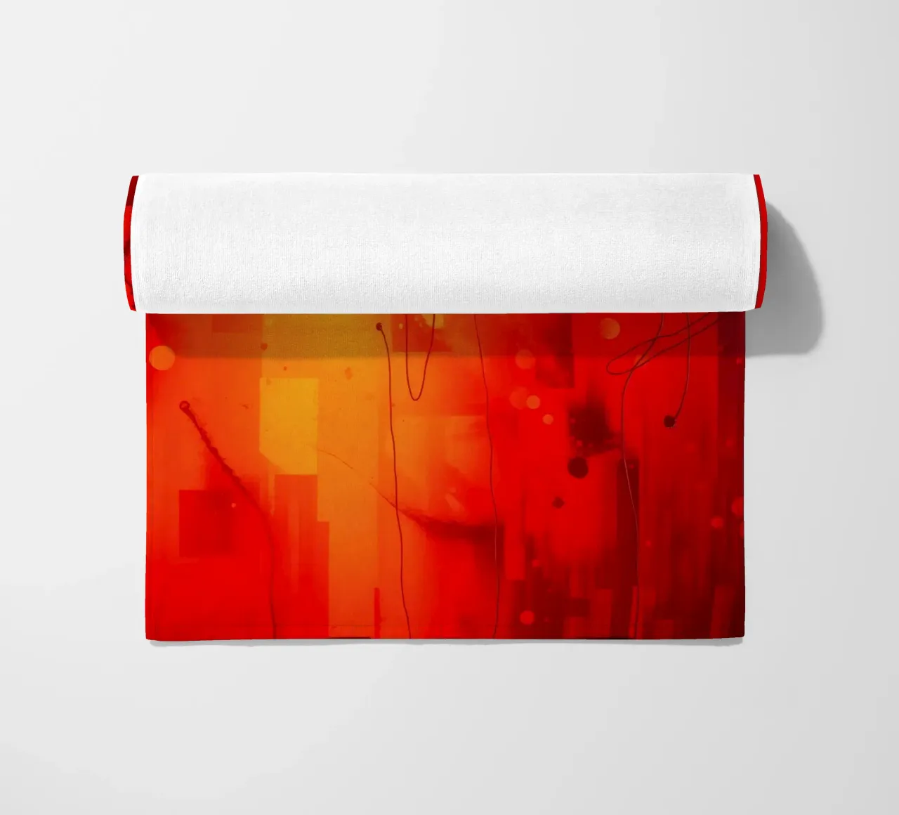 Bold abstract composition with vibrant red hues and dynamic beach towel by DesignDoodle