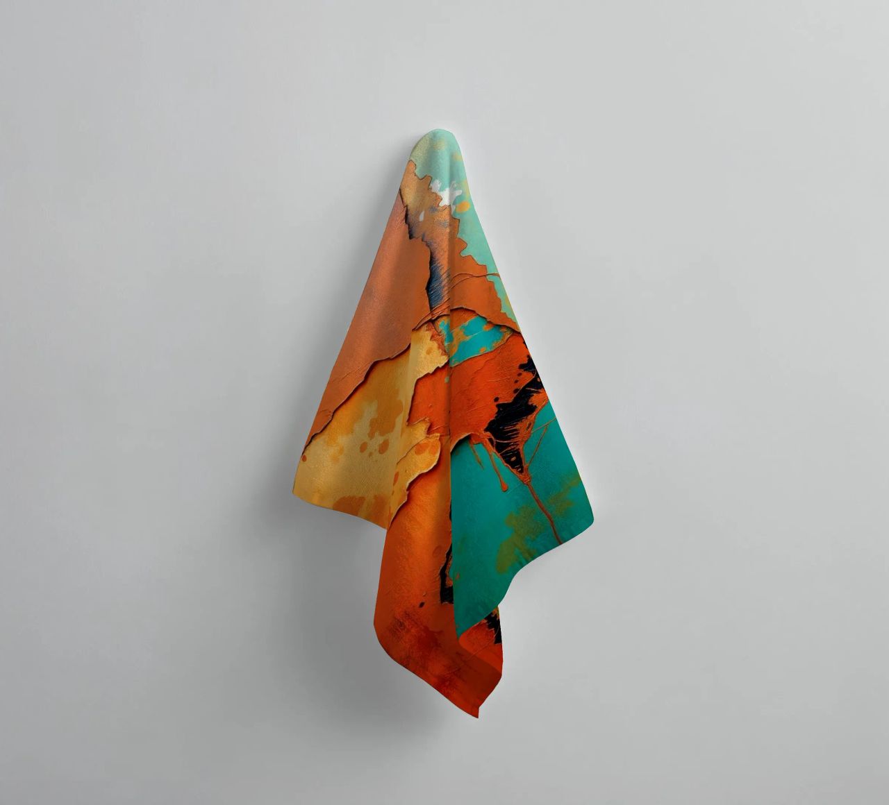 Abstract artwork with vibrant orange and turquoise colors towel by DesignDoodle