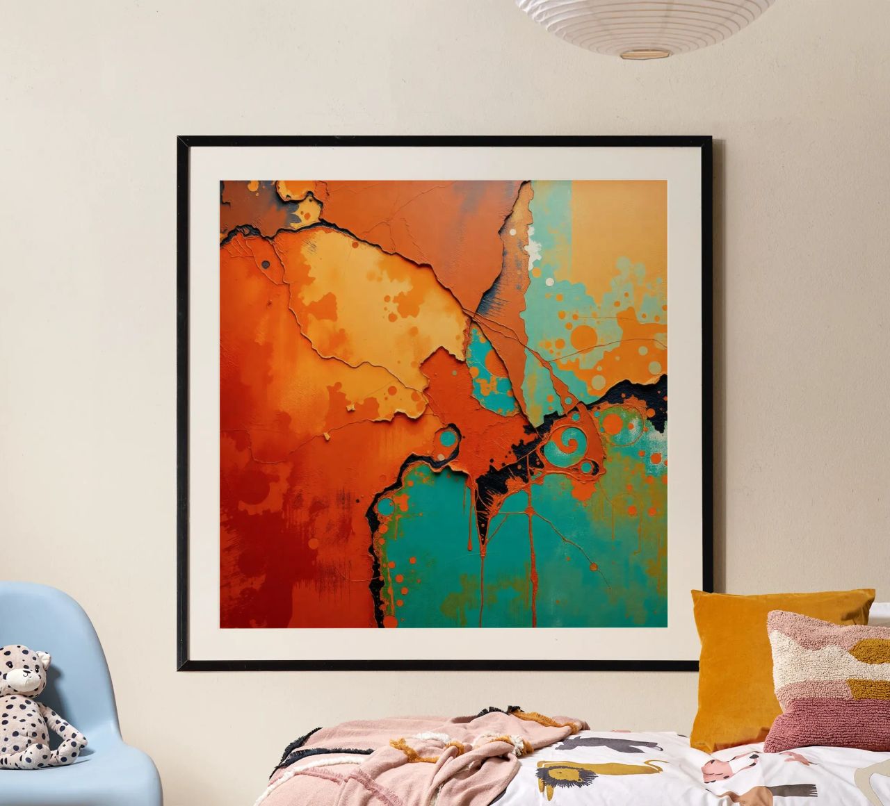 Abstract artwork with vibrant orange and turquoise colors poster by DesignDoodle