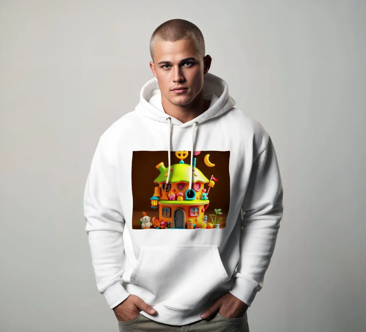 Colorful miniature house with playful details and whimsical hoodie by DesignDoodle