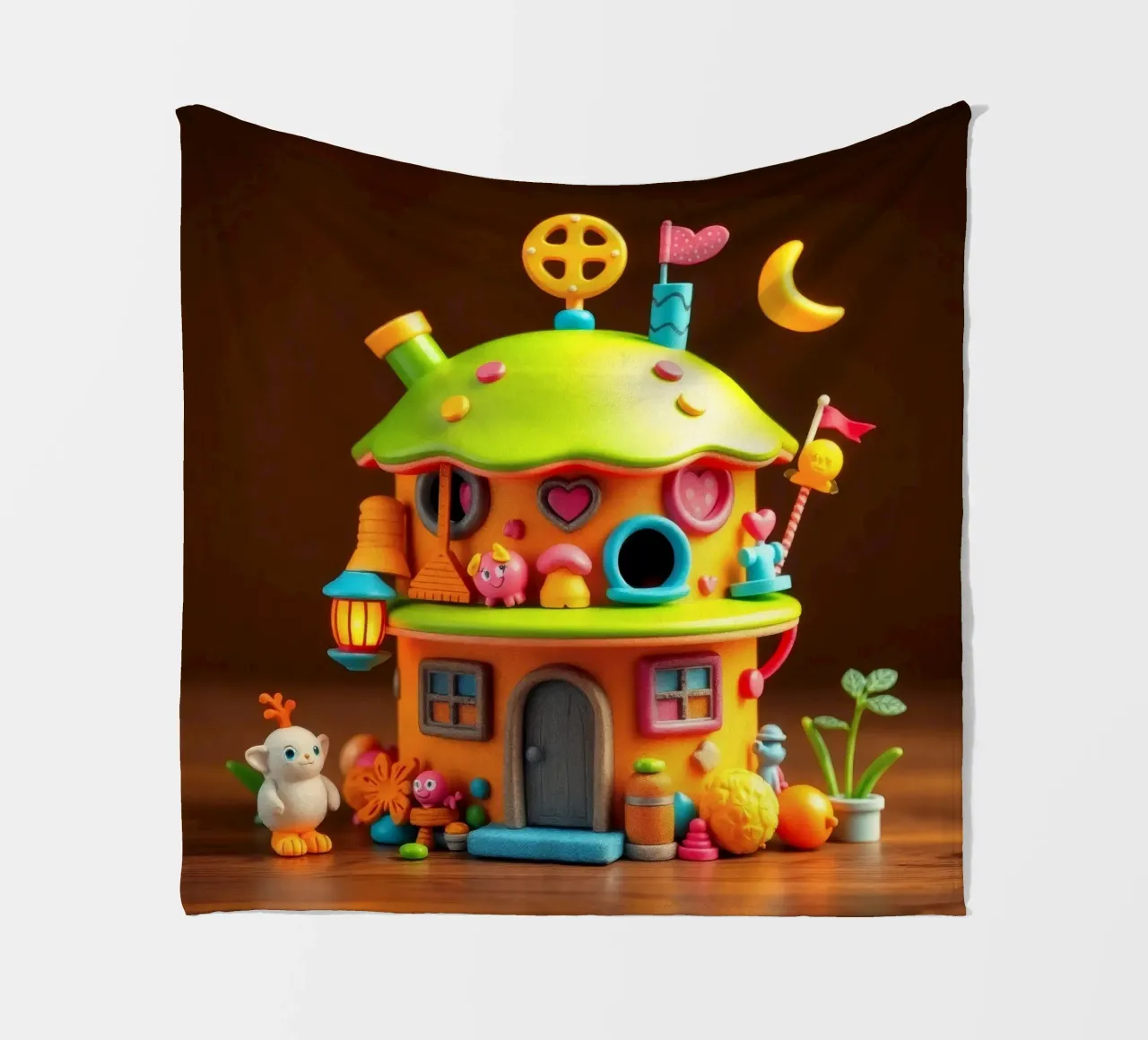 Colorful miniature house with playful details and whimsical fleece blanket by DesignDoodle
