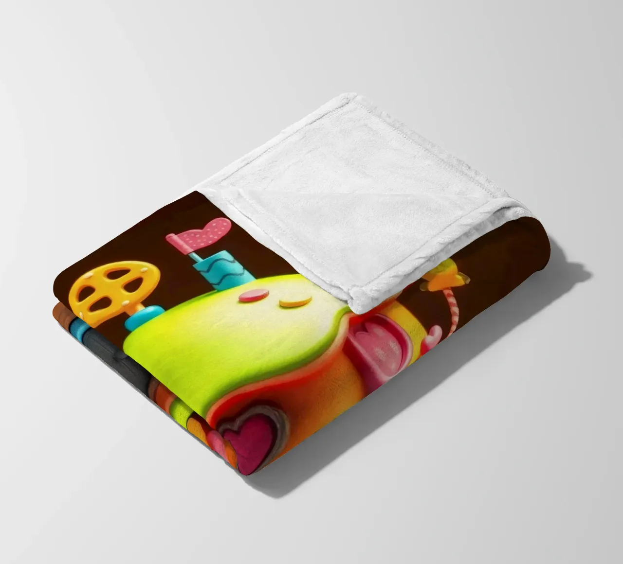 Colorful miniature house with playful details and whimsical fleece blanket by DesignDoodle
