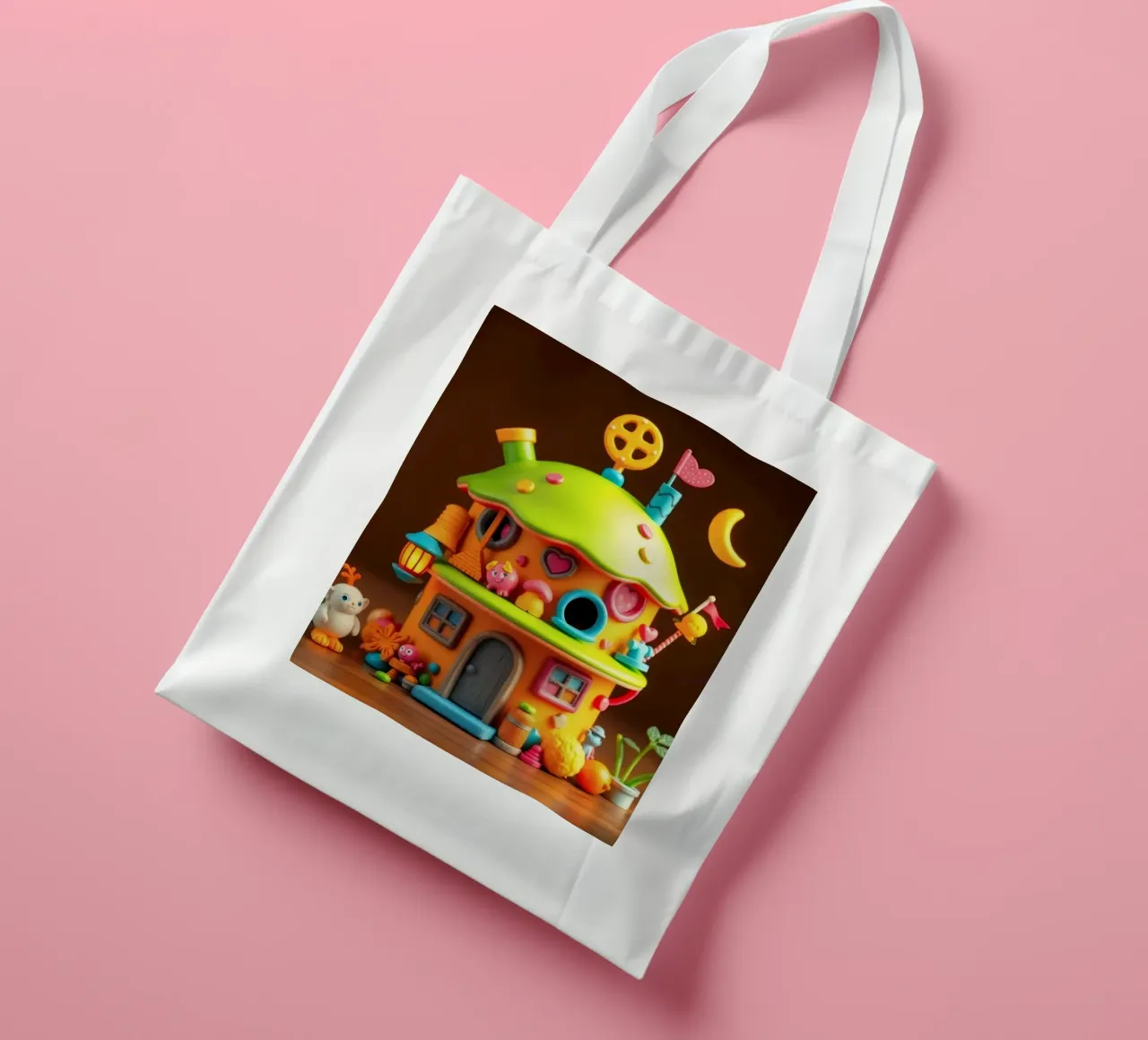Colorful miniature house with playful details and whimsical tote bag by DesignDoodle