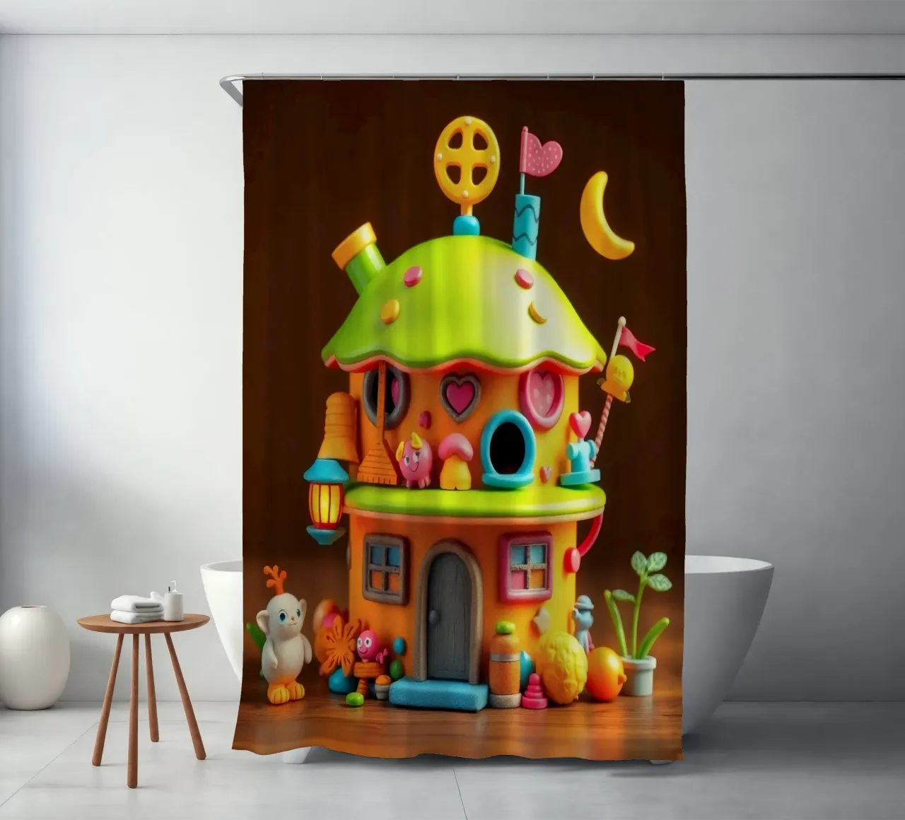 Colorful miniature house with playful details and whimsical shower curtain by DesignDoodle