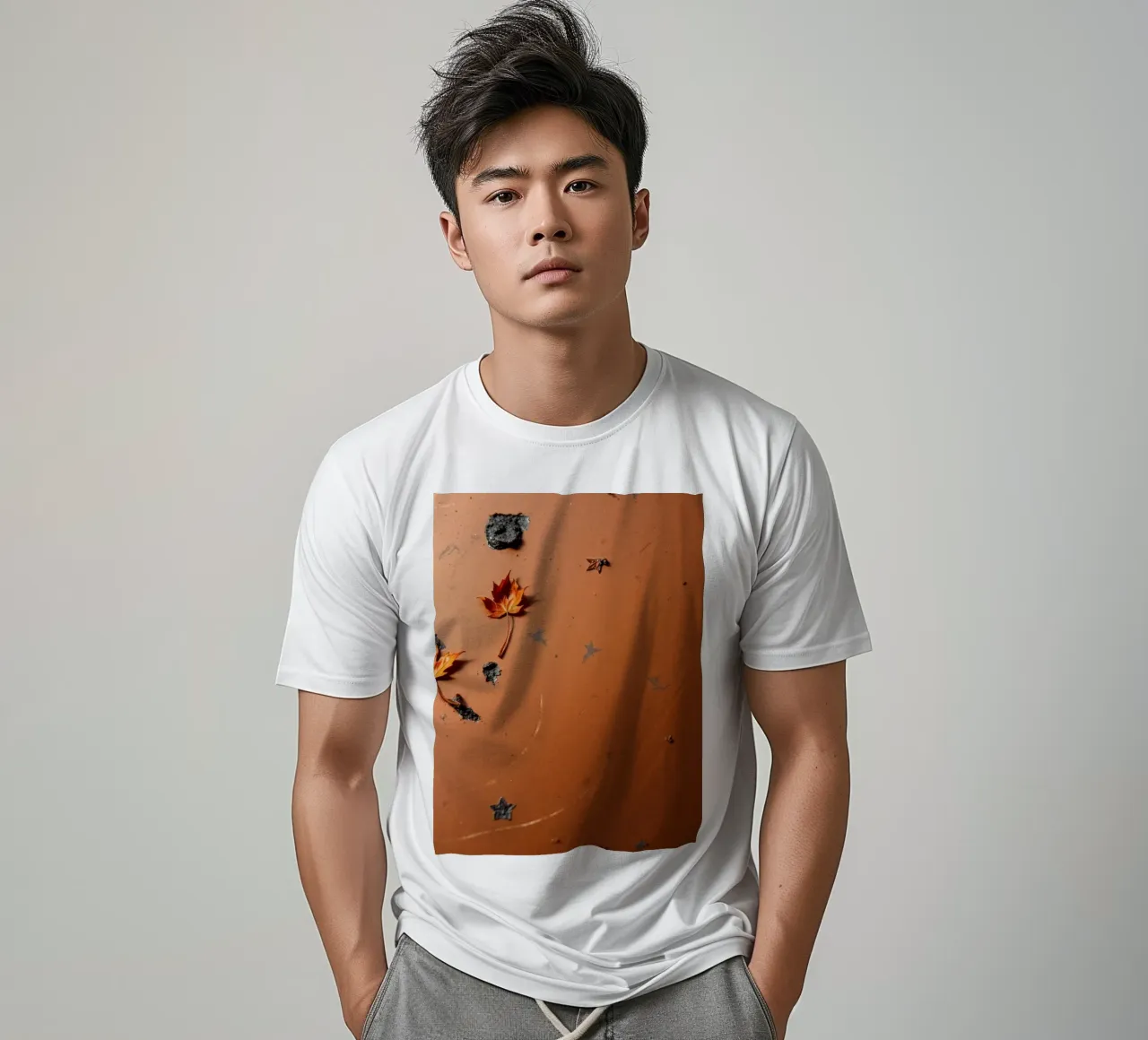 Feuilles d'automne colorées sur une surface rustique avec un motif étoilé t-shirt de DesignDoodle
