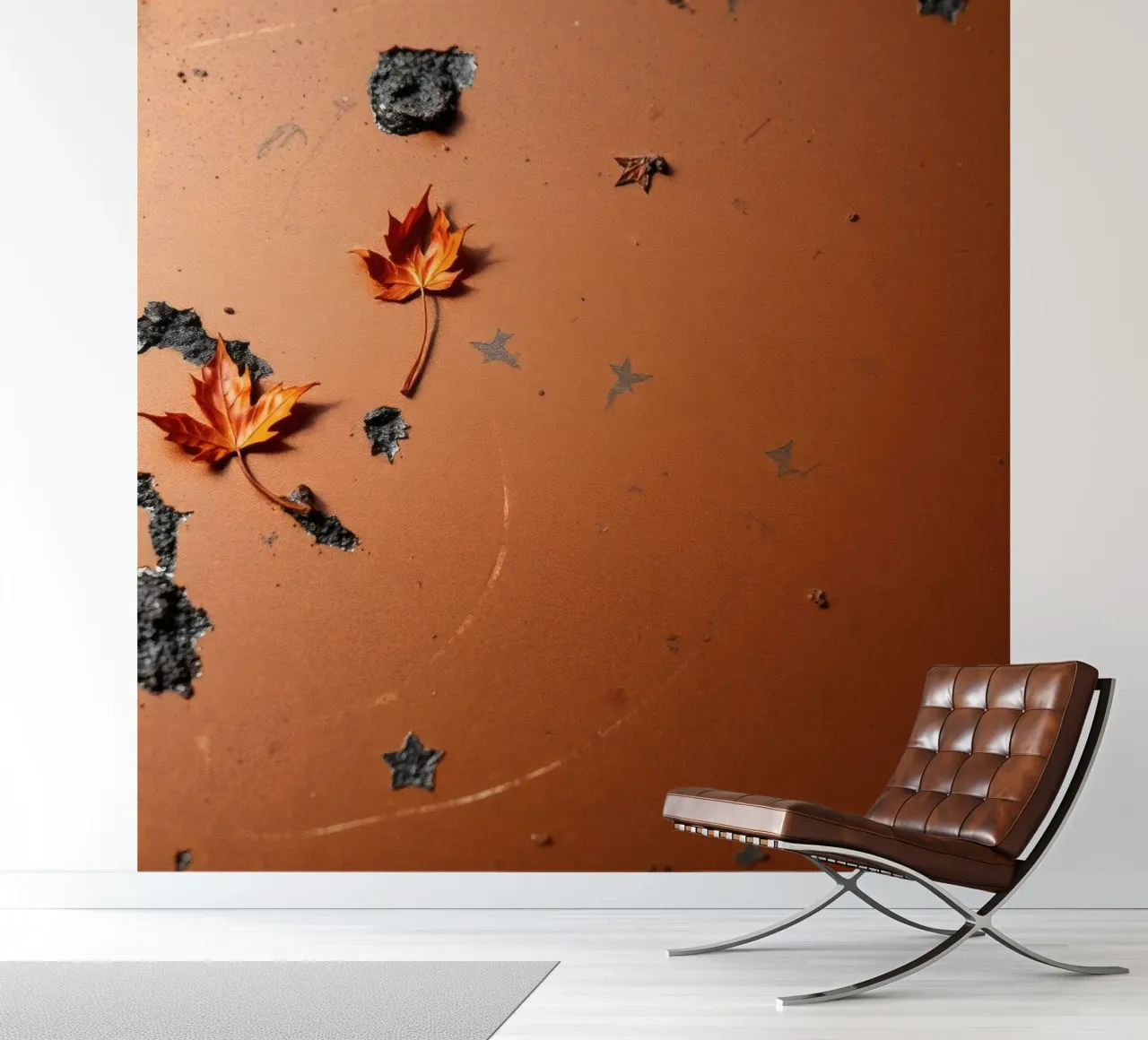 Feuilles d'automne colorées sur une surface rustique avec un motif étoilé papier peint photo de DesignDoodle