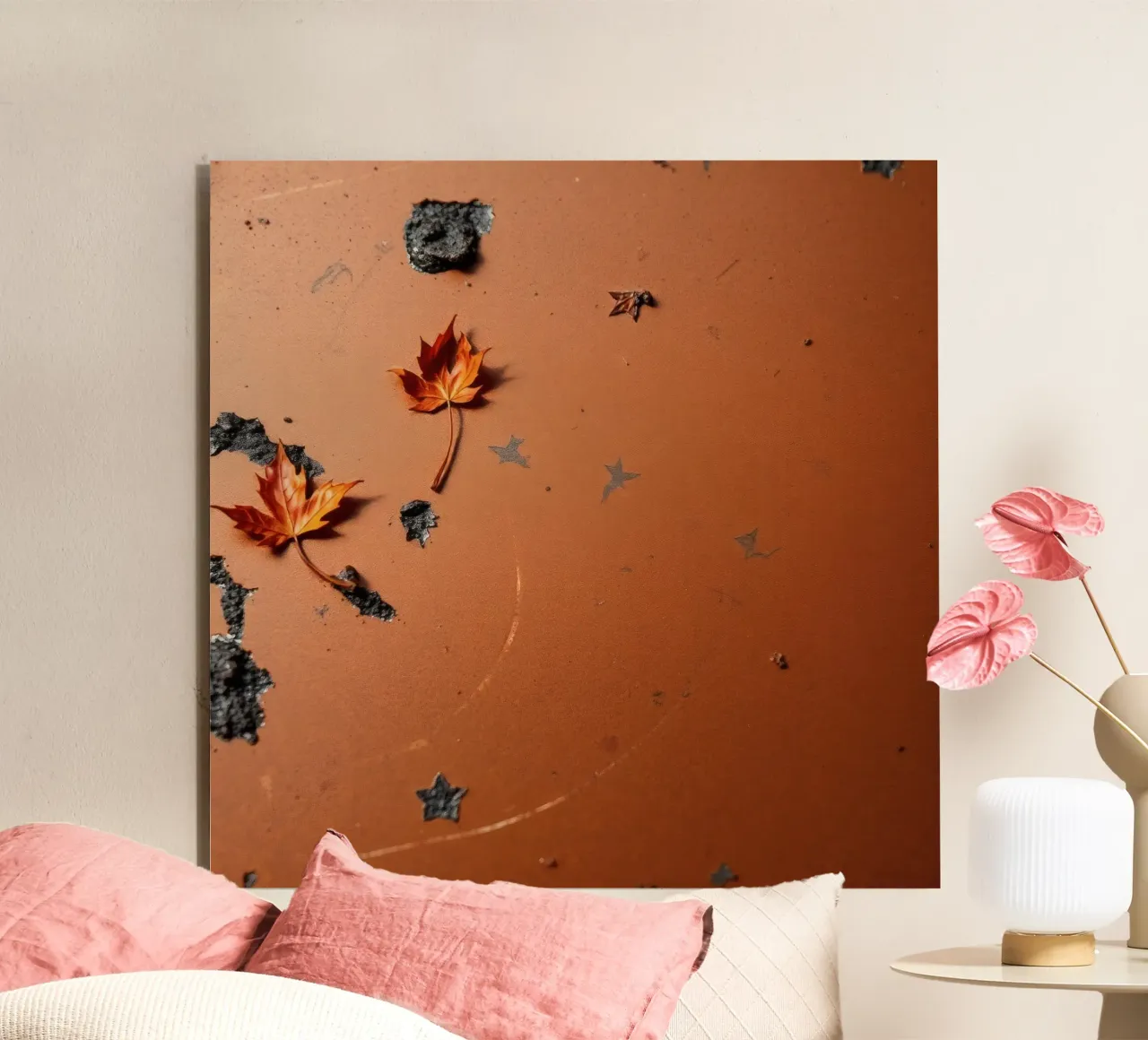 Feuilles d'automne colorées sur une surface rustique avec un motif étoilé alu dibond de DesignDoodle
