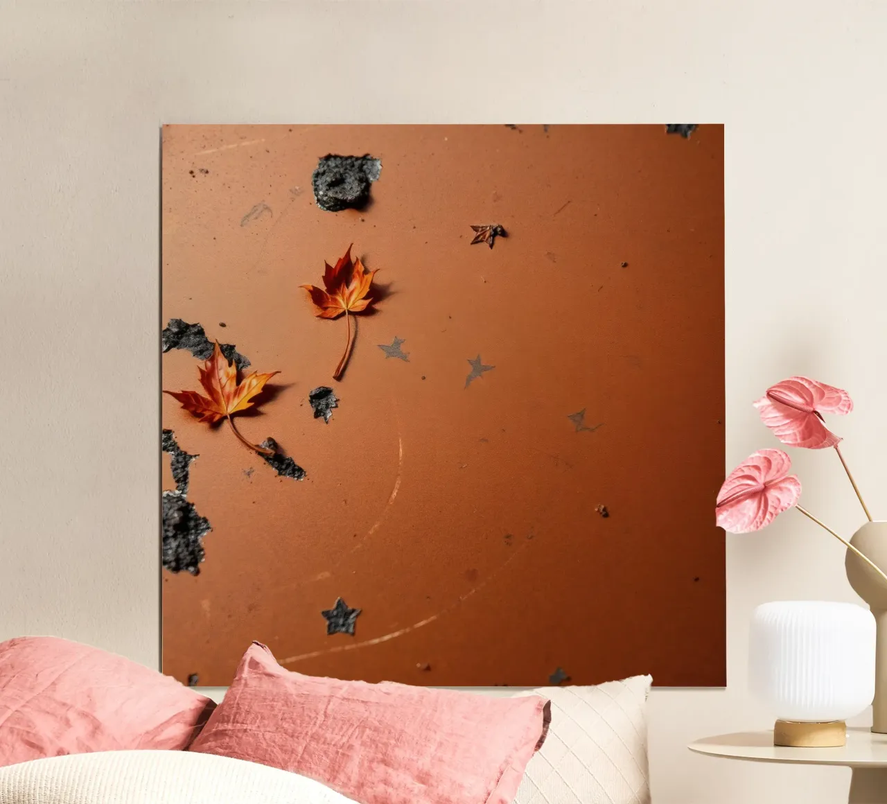 Colorful autumn leaves on a rustic surface with star pattern hahnemühle by DesignDoodle