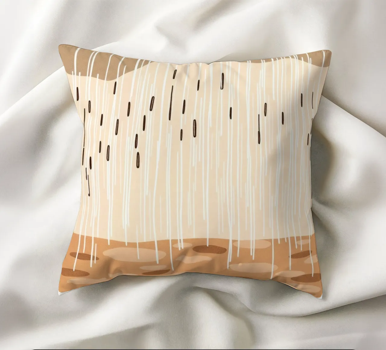 rain falling on a brown ground with sparse clouds decorative cushion by DesignDoodle