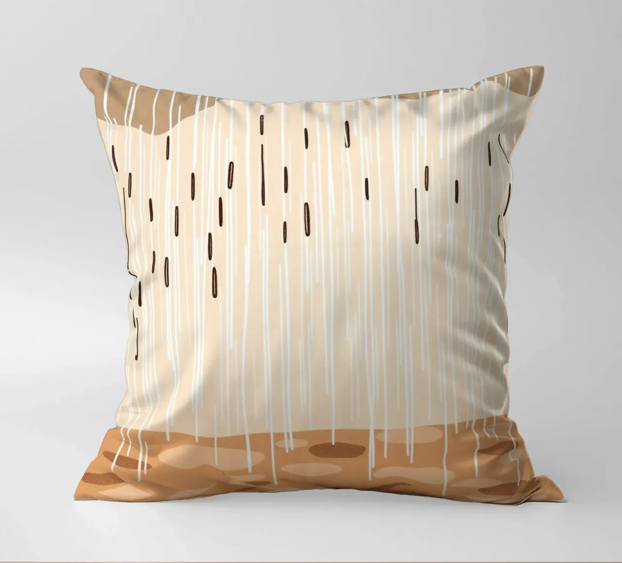 rain falling on a brown ground with sparse clouds decorative cushion by DesignDoodle