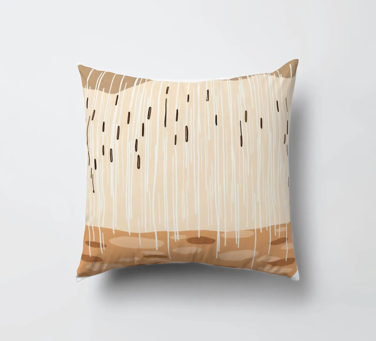 rain falling on a brown ground with sparse clouds decorative cushion by DesignDoodle
