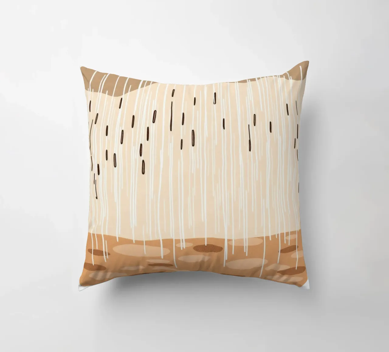 rain falling on a brown ground with sparse clouds decorative cushion by DesignDoodle