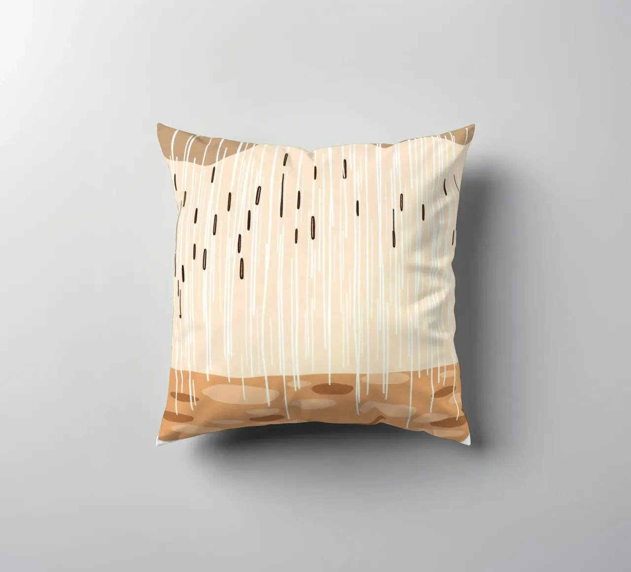rain falling on a brown ground with sparse clouds decorative cushion by DesignDoodle